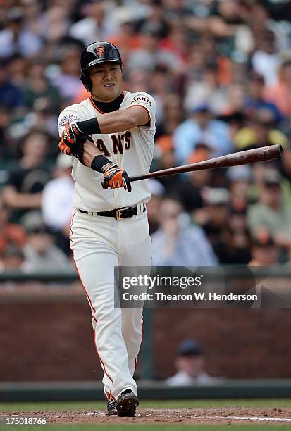 Kensuke Tanaka of the San Francisco Giants bats against Chicago Cubs at AT&T Park on July 28, 2013 in San Francisco, California.