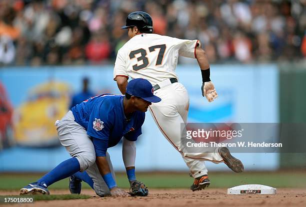 Kensuke Tanaka of the San Francisco Giants steals second base as the ball is thrown into centerfield past Starlin Castro of the Chicago Cubs in the...