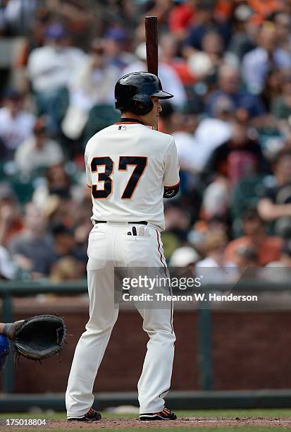 Kensuke Tanaka of the San Francisco Giants bats against Chicago Cubs at AT&T Park on July 28, 2013 in San Francisco, California.