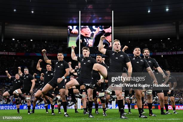 In this handout image provided by World Rugby, the players of New Zealand perform the Haka prior to kick-off ahead of the Rugby World Cup France 2023...