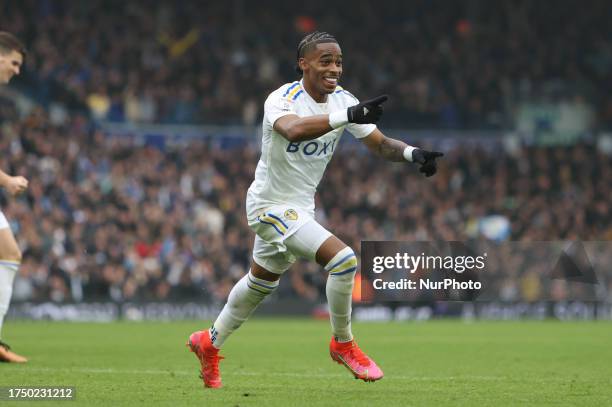 Crysencio Summerville of Leeds United scores his team's second goal during the Sky Bet Championship match between Leeds United and Huddersfield Town...