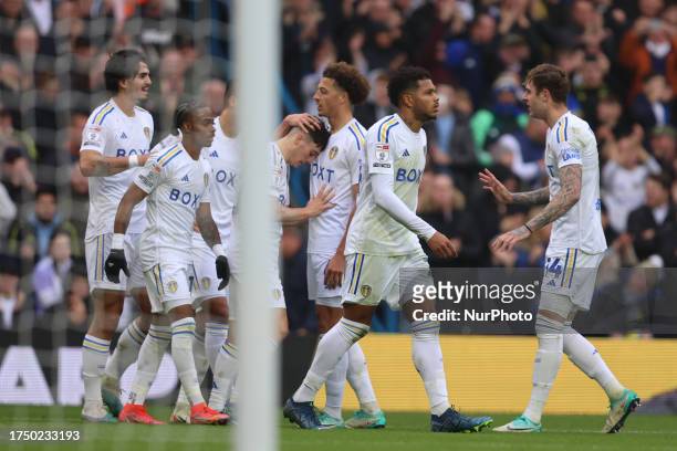 Daniel James of Leeds United scores his team's third goal during the Sky Bet Championship match between Leeds United and Huddersfield Town at Elland...