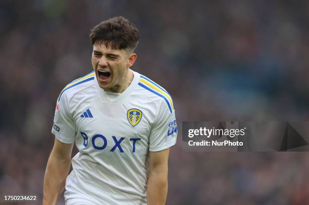 Daniel James of Leeds United scores his team's first goal during the Sky Bet Championship match between Leeds United and Huddersfield Town at Elland...