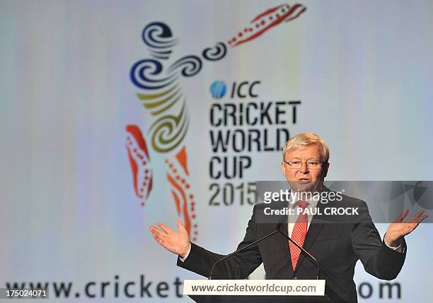Australia's Prime Minister Kevin Rudd gestures as he addresses guests at the official launch of the 2015 Cricket World Cup in Melbourne on July 30...