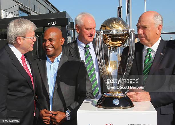 Australian Prime Minister Kevin Rudd; Sanath Jayasuriya, former captain of Sri Lanka and Ralph Waters, Chairman, ICC Cricket World Cup 2015 pose with...
