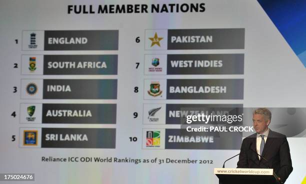 Chief executive David Richardson presents the top 10 countries playing in the 2015 Cricket World Cup at the official launch in Melbourne on July 30...