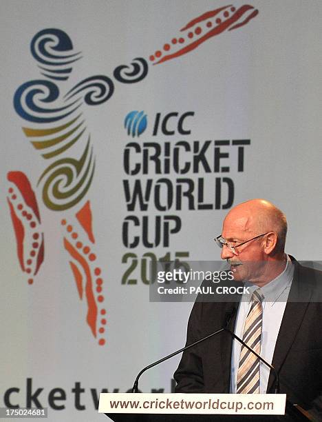Former Australian fast-bowler Denis Lillee addresses guests at the official launch of the 2015 Cricket World Cup in Melbourne on July 30 2013. The...