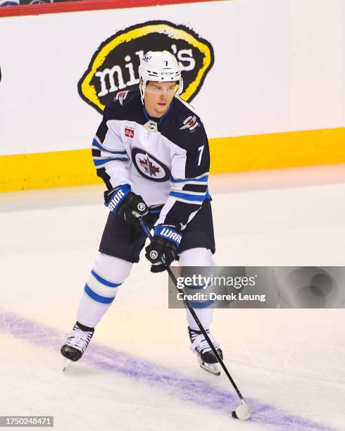 Vladislav Namestnikov of the Winnipeg Jets in action against the Calgary Flames during an NHL game at Scotiabank Saddledome on October 11, 2023 in...