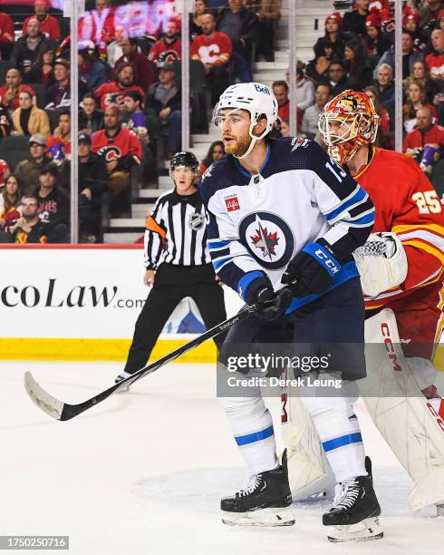 Gabriel Vilardi of the Winnipeg Jets in action against the Calgary Flames during an NHL game at Scotiabank Saddledome on October 11, 2023 in Calgary,...