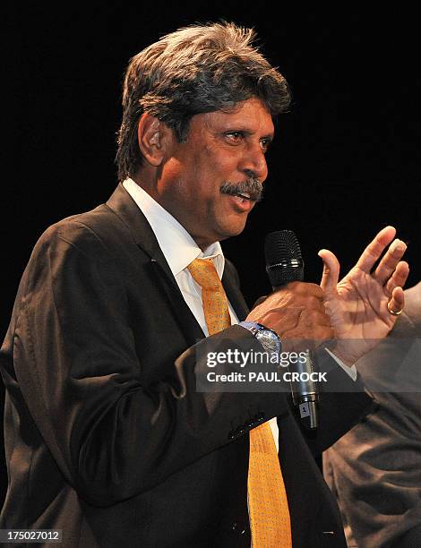 Cricket legend Kapil Dev of India addresses guests at the official launch of the 2015 Cricket World Cup in Melbourne on July 30 2013. The tournament...