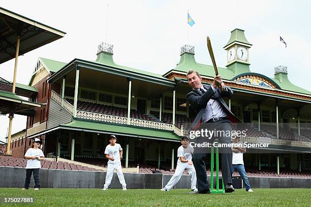 Former Australian cricketer Brett Lee plays cricket with young players during the announcement of the NSW venues for the 2015 ICC Cricket World Cup...