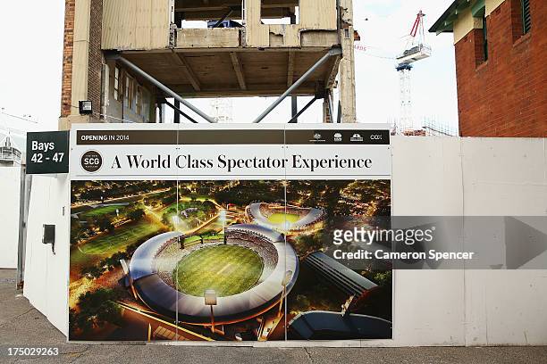 Graphic showing the new completed stadium is seen at the SCG construction site during the announcement of the NSW venues for the 2015 ICC Cricket...