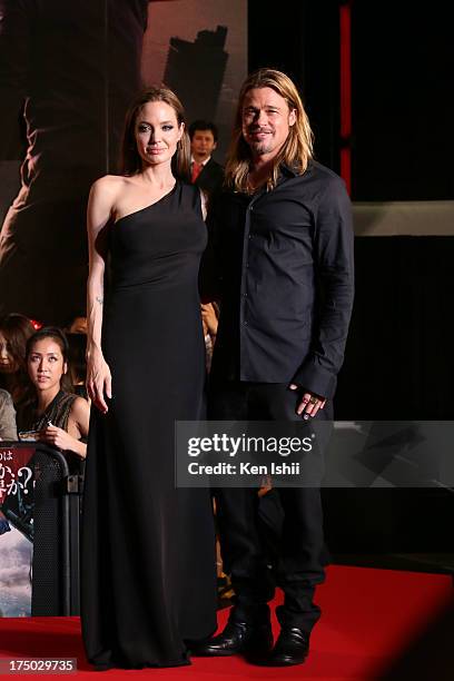 Actress Angelina Jolie and actor Brad Pitt attend the 'World War Z' Japan Premiere at Roppongi Hills on July 29, 2013 in Tokyo, Japan. The film will...