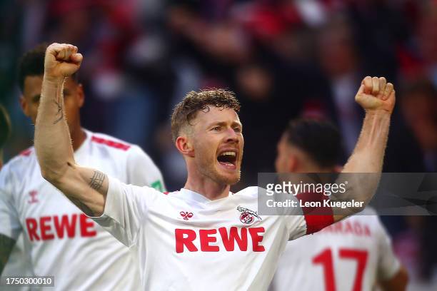 Florian Kainz of 1. FC Koln celebrates after scoring the team's second goal from the penalty spot during the Bundesliga match between 1. FC Köln and...