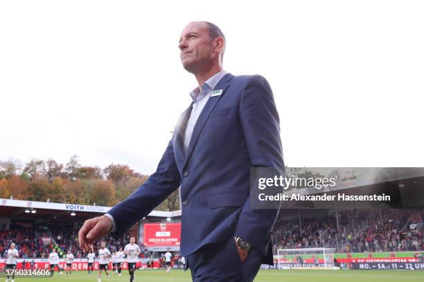 Jess Thorup, Head Coach of FC Augsburg, looks on prior to the Bundesliga match between 1. FC Heidenheim 1846 and FC Augsburg at Voith-Arena on...