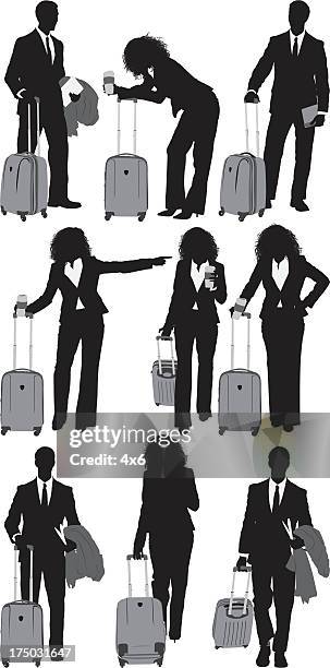 silhouette of businessman and woman with travel bag - fille pull laine stock illustrations