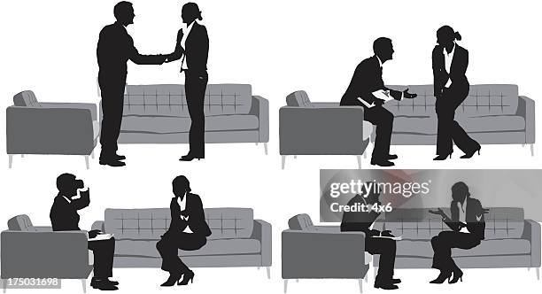 silhouette of business couple having discussion - person sitting on couch vector stock illustrations
