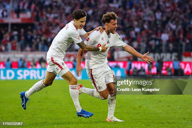 Luca Waldschmidt of 1.FC Köln celebrates with Denis Huseinbasic of 1.FC Köln after scoring the team's third goal during the Bundesliga match between...