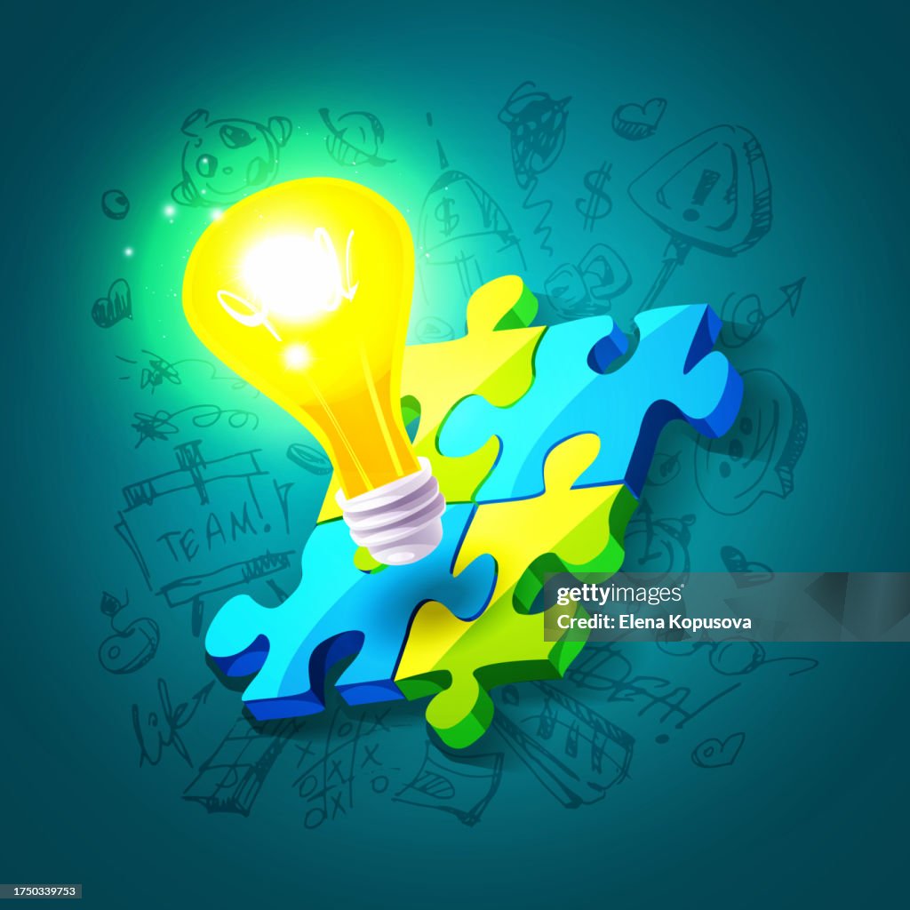 Creativity and ideas concept in cartoon style. A burning light bulb with a completed puzzle on an abstract colored background with hand drawn drawings.