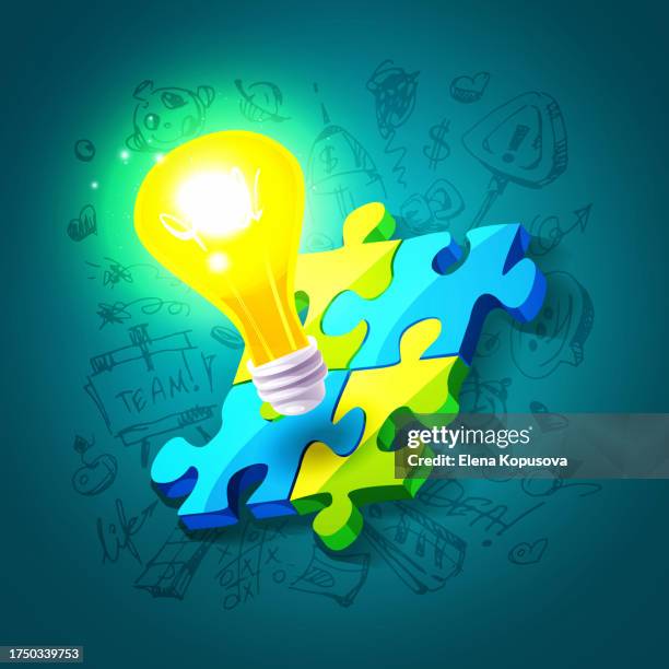 creativity and ideas concept in cartoon style. a burning light bulb with a completed puzzle on an abstract colored background with hand drawn drawings. - dismantling stock illustrations
