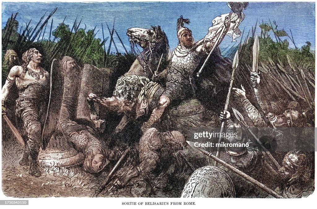 Old engraving illustration of sortie of army of Byzantine Roman General Belisarius from Rome