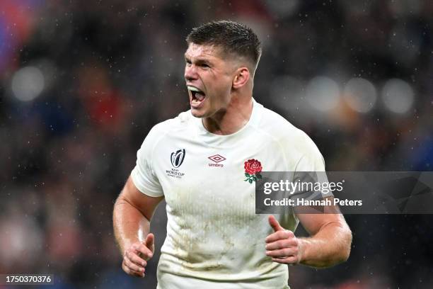 Owen Farrell of England reacts during the Rugby World Cup France 2023 match between England and South Africa at Stade de France on October 21, 2023...
