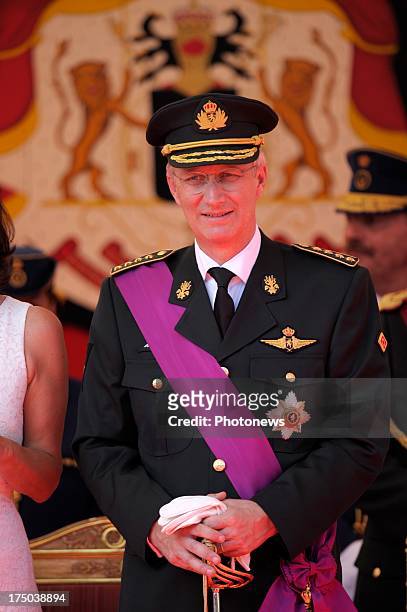 King Philippe of Belgium on the podium during the Military Parade on July 21, 2013 in Brussels, Belgium.