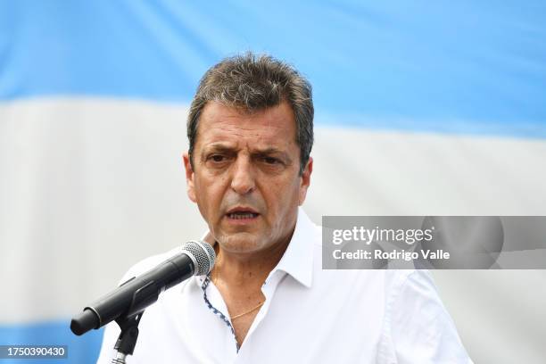 Presidential candidate for Union Por La Patria Sergio Massa speaks to the media after casting his vote during the general elections at Escuela N34...