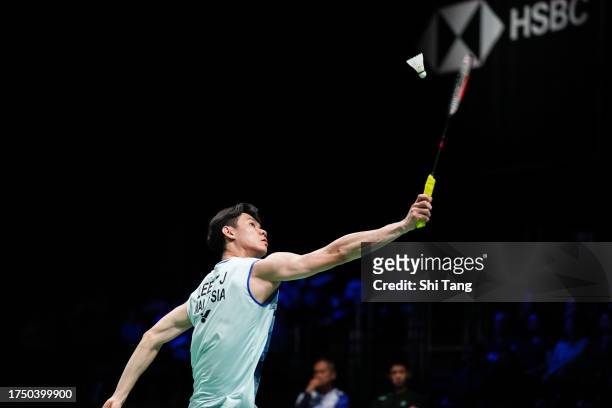 Lee Zii Jia of Malaysia competes in the Men's Singles Final match against Weng Hongyang of China during day six of the Denmark Open at Jyske Bank...