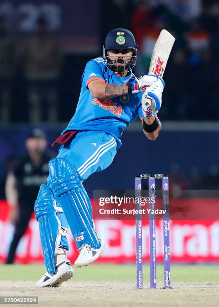 Virat Kohli of India bats during the ICC Men's Cricket World Cup India 2023 match between India and New Zealand at HPCA Stadium on October 22, 2023...