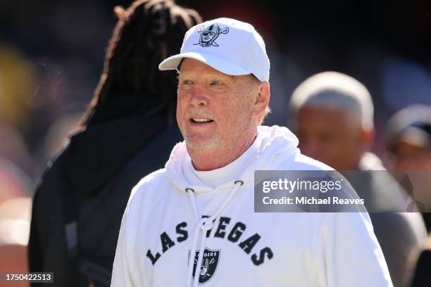 Las Vegas Raiders owner Mark Davis walks the field before the game against the Chicago Bears at Soldier Field on October 22, 2023 in Chicago,...