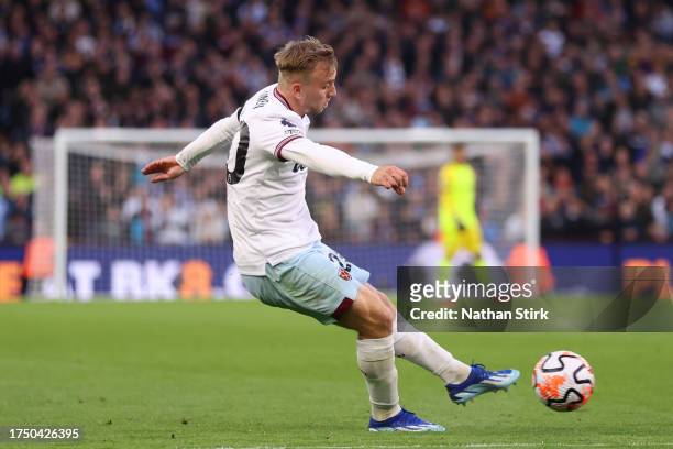 Jarrod Bowen of West Ham United scores the team's first goal during the Premier League match between Aston Villa and West Ham United at Villa Park on...