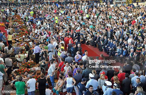General view during the funeral of the victims of the Monteforte Irpino coach crash held at a local indoor sports arena on July 30, 2013 in Pozzuoli,...