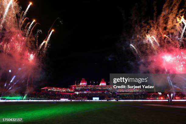 Fireworks are seen at the end of the match as India win following the ICC Men's Cricket World Cup India 2023 match between India and New Zealand at...