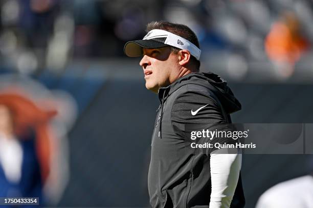 Las Vegas Raiders head coach Josh McDaniels looks on before the game against the Chicago Bears at Soldier Field on October 22, 2023 in Chicago,...