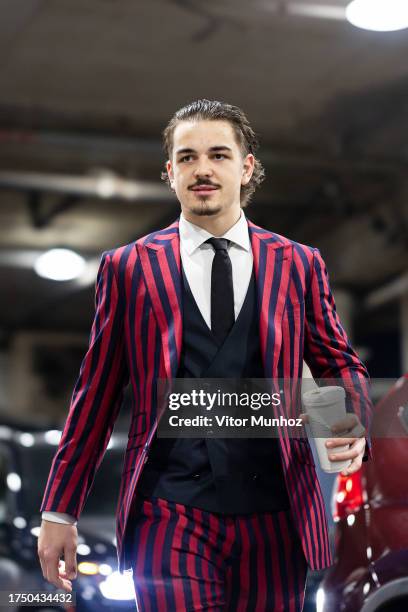 Arber Xhekaj of the Montreal Canadiens arrives before the NHL regular season game between the Winnipeg Jets and the Winnipeg Jets at the Bell Centre...