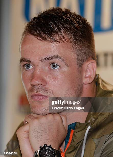 Boxer Frankie Gavin looks on during a press conference organized by boxing promoter Frank Warren at The Copper Box on July 30, 2013 in London,...