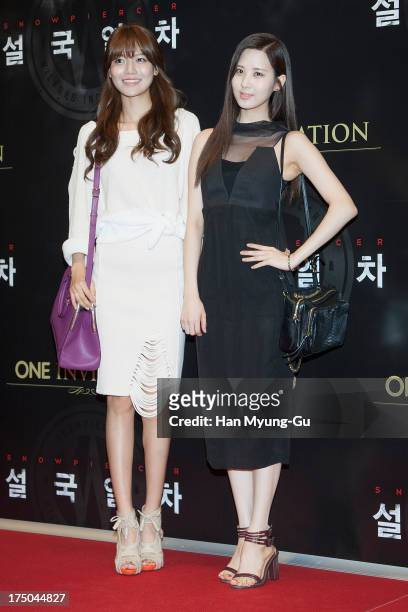 Sooyoung and Seohyun of South Korean girl group Girls' Generation attend the 'Snowpiercer' South Korea premiere at Times Square on July 29, 2013 in...