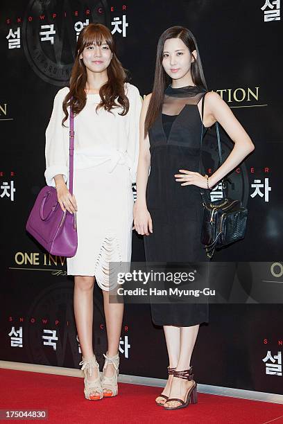 Sooyoung and Seohyun of South Korean girl group Girls' Generation attend the 'Snowpiercer' South Korea premiere at Times Square on July 29, 2013 in...