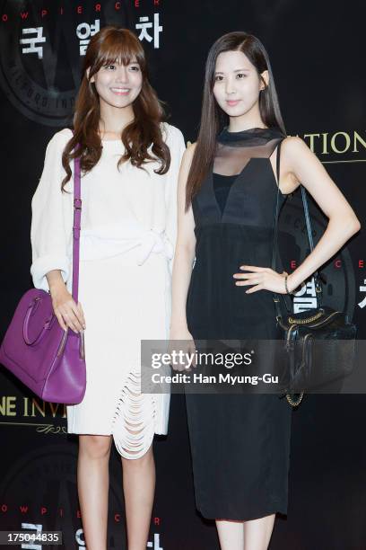 Sooyoung and Seohyun of South Korean girl group Girls' Generation attend the 'Snowpiercer' South Korea premiere at Times Square on July 29, 2013 in...