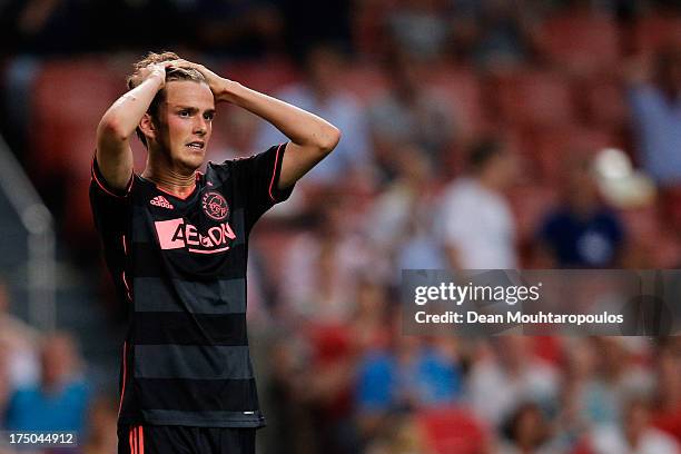 Lucas Andersen of Ajax reacts after a missd shot during the Johan Cruyff Shield match between AZ Alkmaar and Ajax Amsterdam at the Amsterdam Arena on...