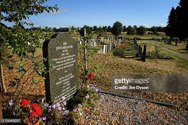 The grave of actor Sir JOHN MILLS and his wife Mary Hayley Bell at St. Marys Church, on August 5, 2010 in Denham, England. Dead Famous London is a...