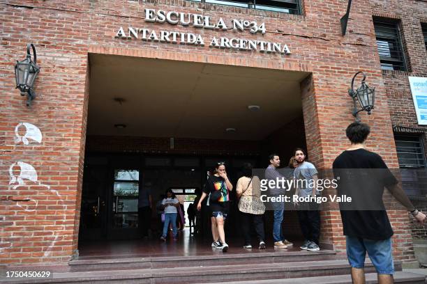 Outside view of Escuela N34 Antártida Argentina where presidential candidate for Union Por La Patria Sergio Massa casted his vote during the general...