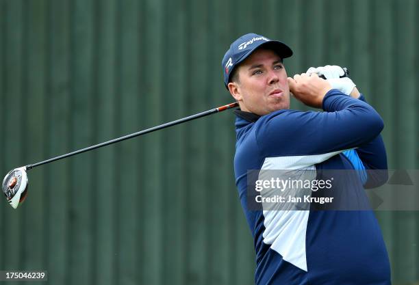 John Bandurak of Great Barr GC tees off during the Golfbreaks.com PGA Fourball - Regional Qualifier at Swindon Golf Club on July 30, 2013 in Dudley,...