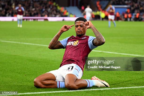 Leon Bailey of Aston Villa celebrates after scoring the team's fourth goal during the Premier League match between Aston Villa and West Ham United at...