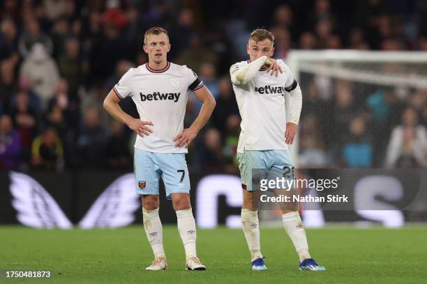 James Ward-Prowse and Jarrod Bowen of West Ham United look dejected after the team's defeat in the Premier League match between Aston Villa and West...