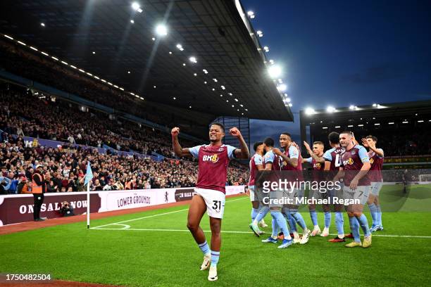 Leon Bailey of Aston Villa celebrates after scoring the team's fourth goal during the Premier League match between Aston Villa and West Ham United at...