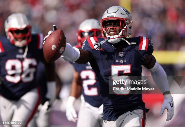 Jabrill Peppers of the New England Patriots celebrates after intercepting the ball in the first quarter of the game against the Buffalo Bills at...