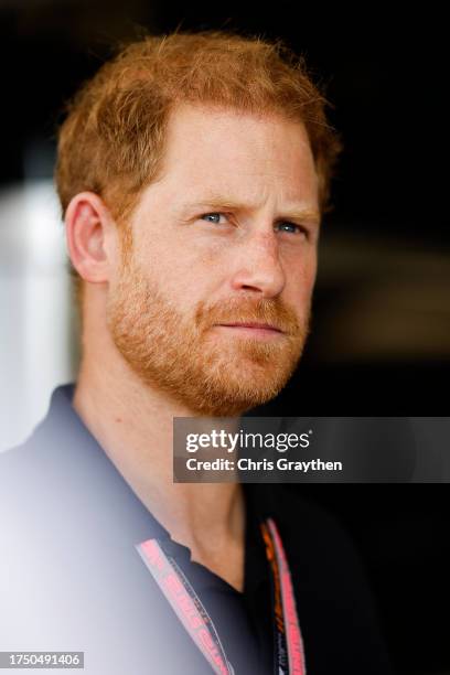 Prince Harry, Duke of Sussex looks on in the Mercedes garage prior to the F1 Grand Prix of United States at Circuit of The Americas on October 22,...