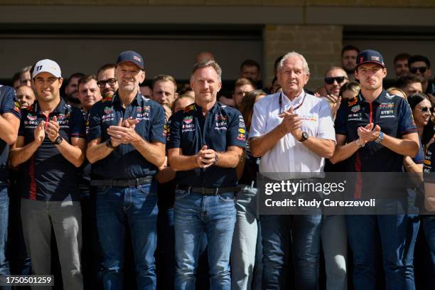 The Red Bull Racing team pose for a photo wearing jeans in tribute to the late Dietrich Mateschitz prior to the F1 Grand Prix of United States at...